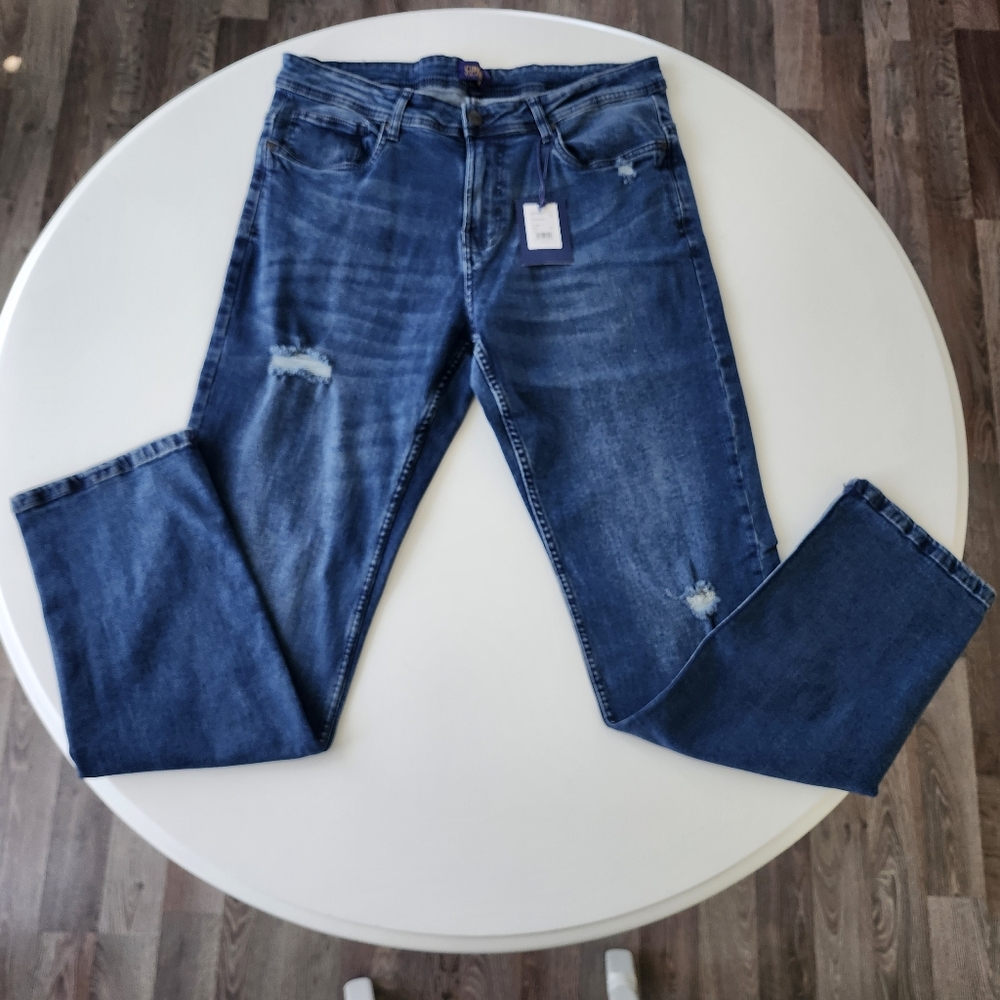 Nwt 295$ Roberto Cavalli Class Blue Denim Jeans Men Size 34 Straight Distressed